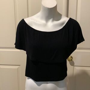 Pretty little thing black rib Bardot frill crop top